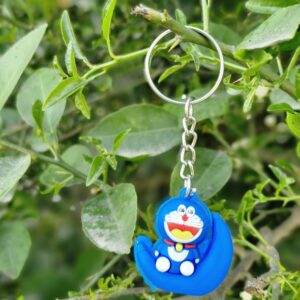 Blue Robotic Cat  Keychain – Crescent Moon Design - Image 1