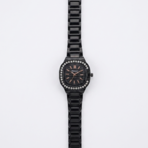 All-Black Square Watch with Rhinestones Bezel - Image 1