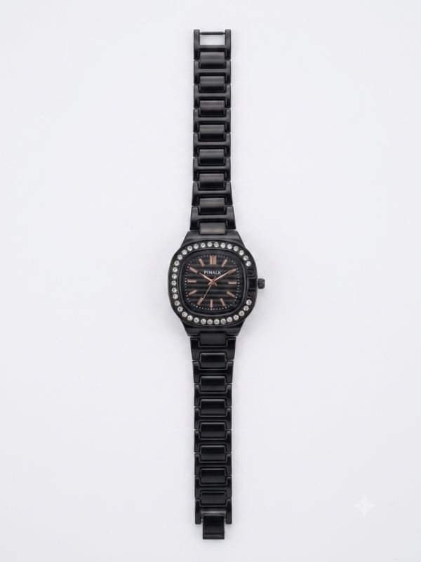 All-Black Square Watch with Rhinestones