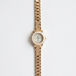 Gold & Ceramic White Bezel Watch with Crystal Inset Strap - Image 1