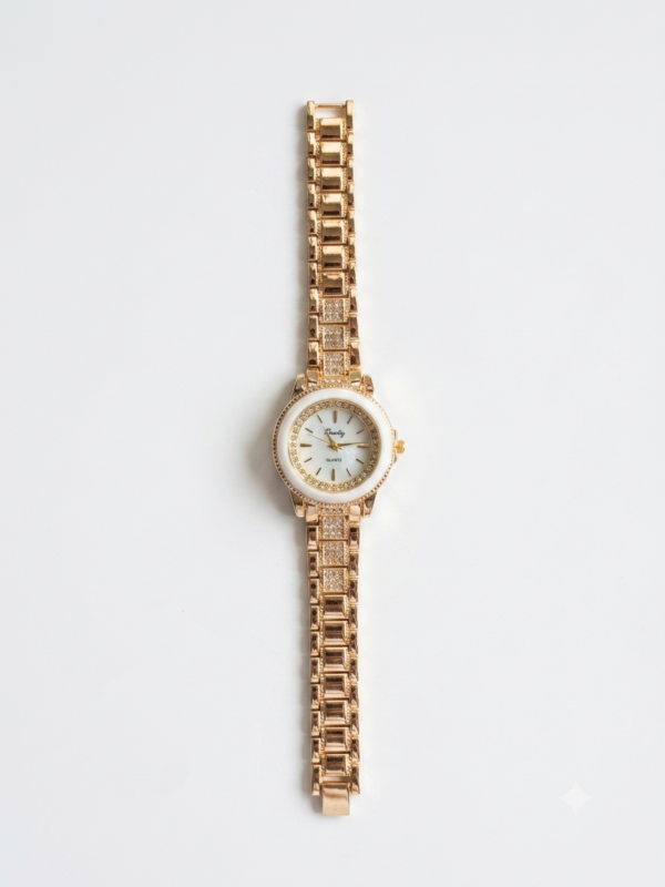 Gold & Ceramic White Bezel Watch with Crystal Inset Strap