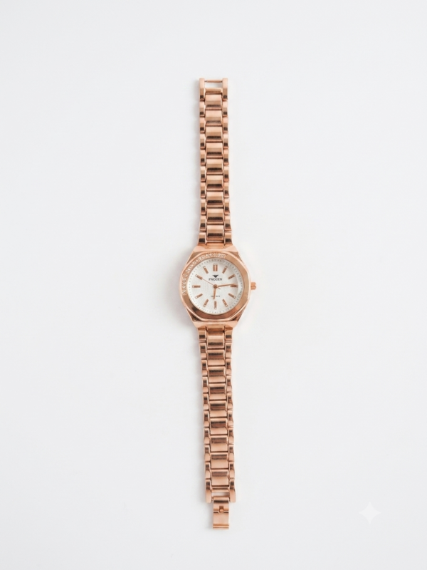 Rose Gold Octagonal Dial Watch with Crystal Bezel Accent