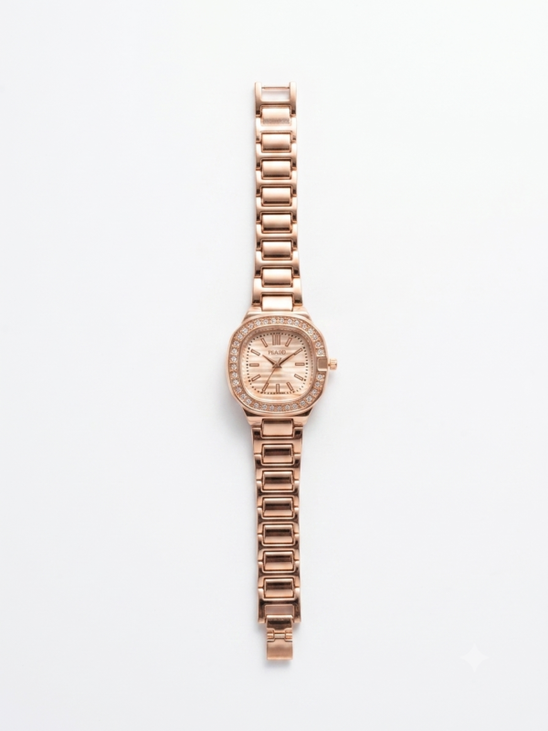 Rose Gold Square Dial Analog Watch with Rhinestone Bezel